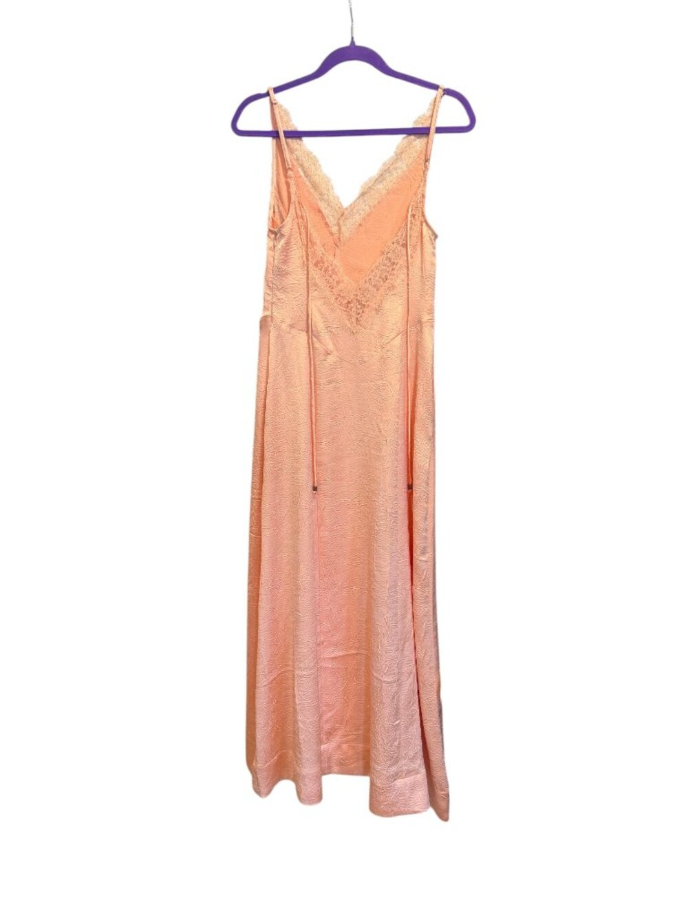 NWOT Free People Maybe Forever Maxi Dress Peach Crinkle Satin Lace V Neck Size 0 - Picture 4 of 5